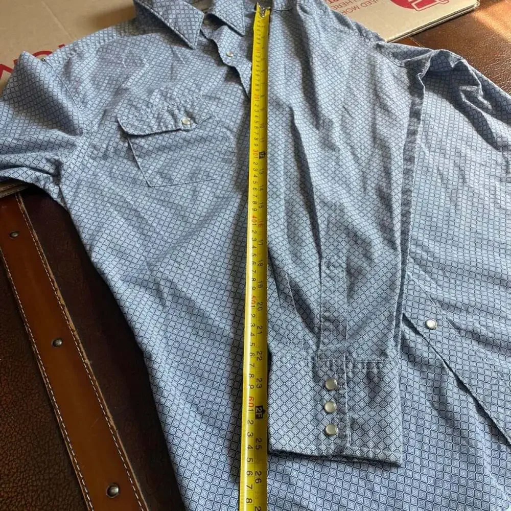 Wrangler Pearl Snap Shirt Mens XL Diamond Geometric Western Blue White